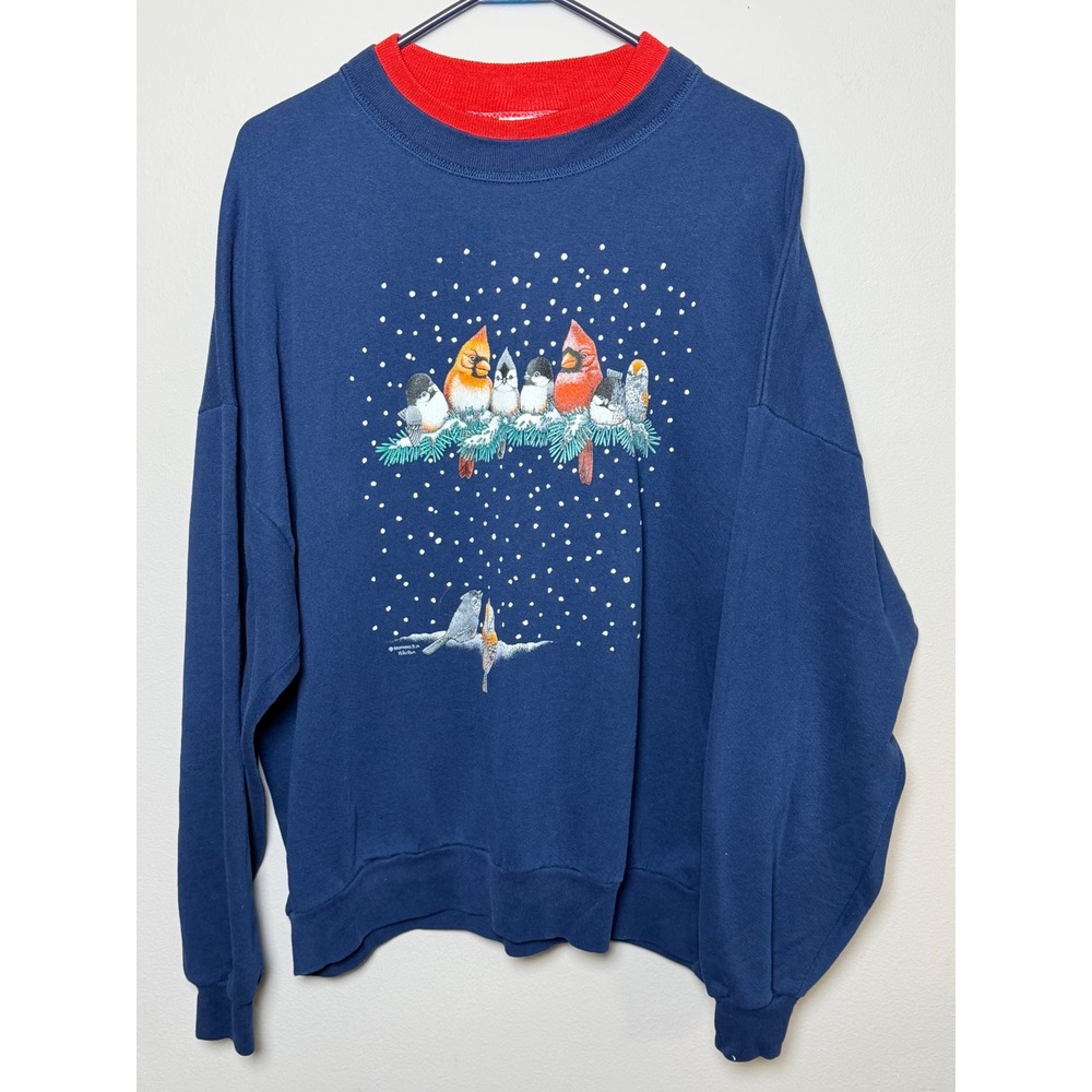 Morning Sun Vintage Birds Snowy Pine Tree Sweatshirt Navy Red Mock Neck 3X